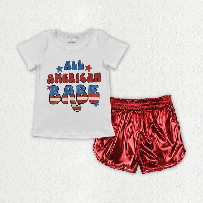 GSSO2546 ALL AMERICA BABE Top Red Leather Metallic Shorts Baby Girls 4th of July Clothes Set