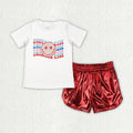GSSO2547 AMERICA BABE Smiling Top Red Leather Metallic Shorts Baby Girls 4th of July Clothes Set