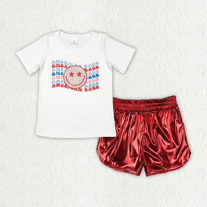 GSSO2547 AMERICA BABE Smiling Top Red Leather Metallic Shorts Baby Girls 4th of July Clothes Set