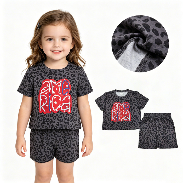 GSSO2576 Leopard America Print Crop Top & Shorts Toddler Girl 4th of July Outfits