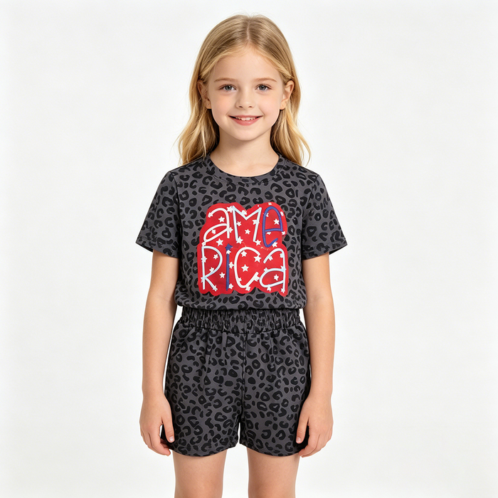 GSSO2576 Leopard America Print Crop Top & Shorts Toddler Girl 4th of July Outfits