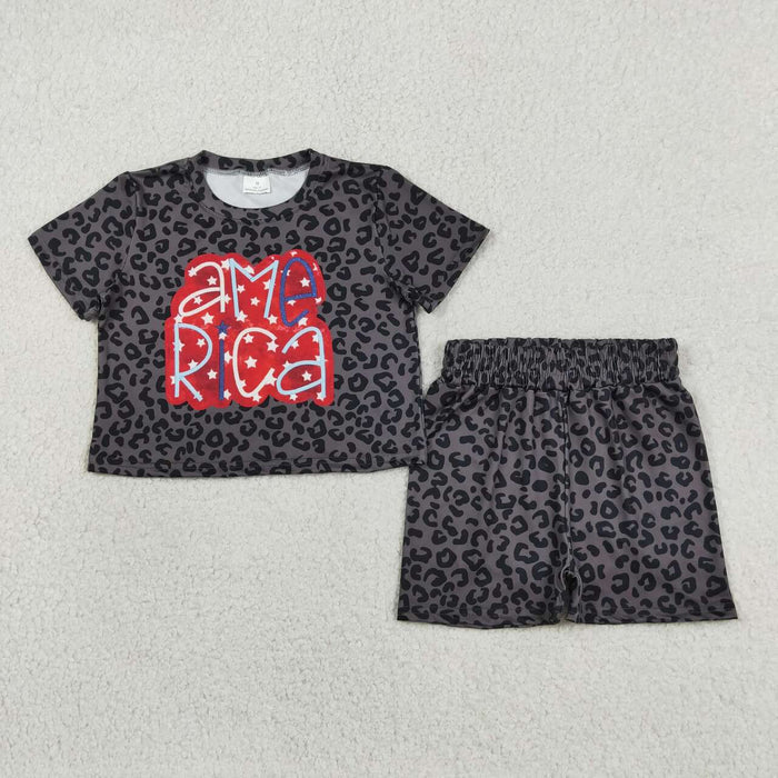 GSSO2576 Leopard America Print Crop Top & Shorts Toddler Girl 4th of July Outfits