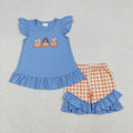 GSSO2700 Dog Pumpkin Embroidery Blue Top Checkered Shorts Girls Fall Clothes Set
