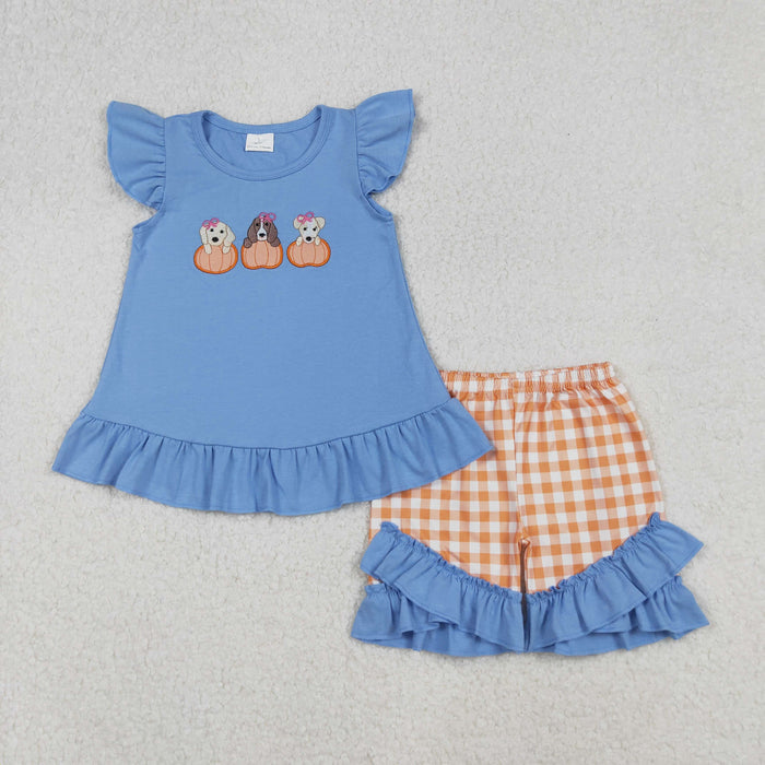 GSSO2700 Dog Pumpkin Embroidery Blue Top Checkered Shorts Girls Fall Clothes Set