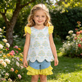 GSSO2767 Baby Girls Bow Flowers Checked Scallop Tunic Ruffle Shorts Clothes Sets
