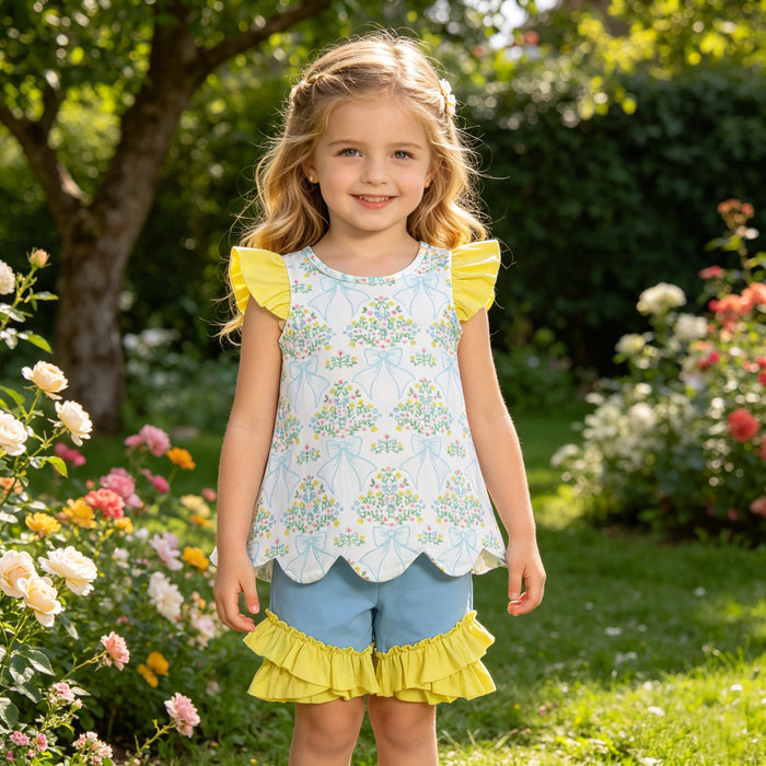GSSO2767 Baby Girls Bow Flowers Checked Scallop Tunic Ruffle Shorts Clothes Sets