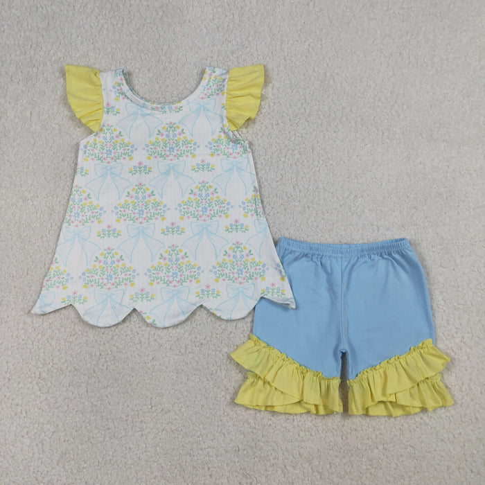 GSSO2767 Baby Girls Bow Flowers Checked Scallop Tunic Ruffle Shorts Clothes Sets