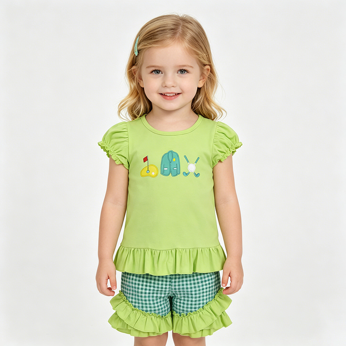 GSSO3033 Golf Embroidery Green Top Plaid Shorts Girls Summer Clothes Set