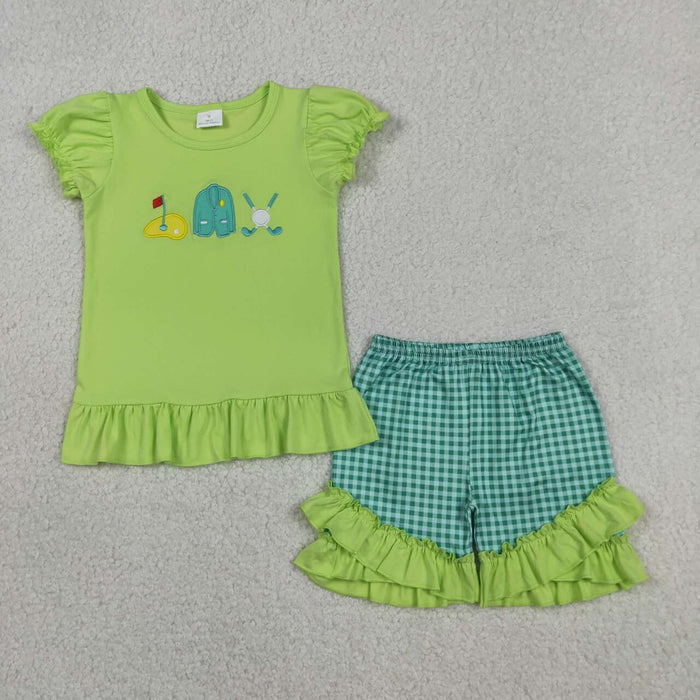 GSSO3033 Golf Embroidery Green Top Plaid Shorts Girls Summer Clothes Set