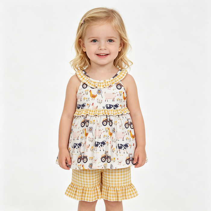 GSSO3071 Farm Animals Tractor Flowers Tunic Top Yellow Shorts Girls Summer Clothes Set