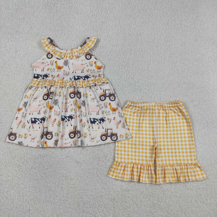 GSSO3071 Farm Animals Tractor Flowers Tunic Top Yellow Shorts Girls Summer Clothes Set