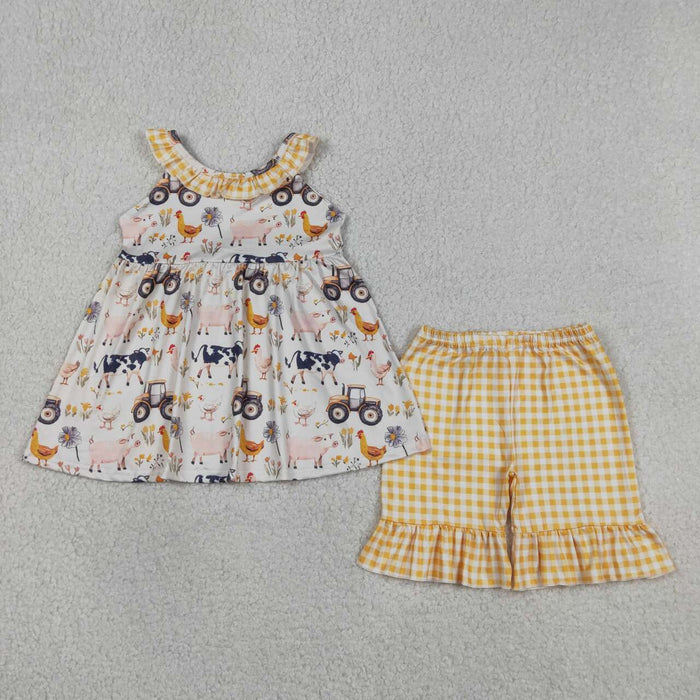 GSSO3071 Farm Animals Tractor Flowers Tunic Top Yellow Shorts Girls Summer Clothes Set