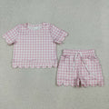 GSSO3183 Girls’ Pink Gingham Scallop Short Sleeve Top & Shorts Set