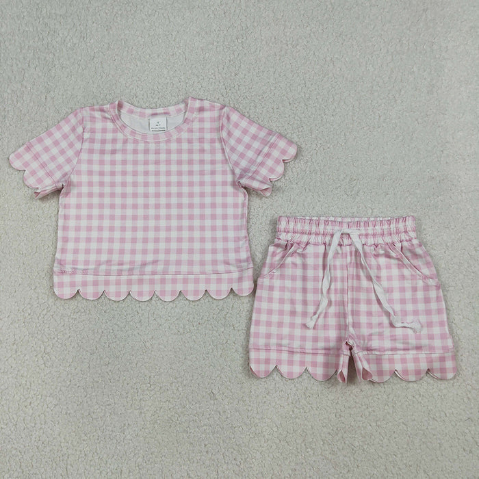 GSSO3183 Girls’ Pink Gingham Scallop Short Sleeve Top & Shorts Set