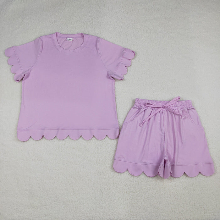 GSSO3201 Lavender Cotton Pockets Woman Summer Scallop Clothes Set