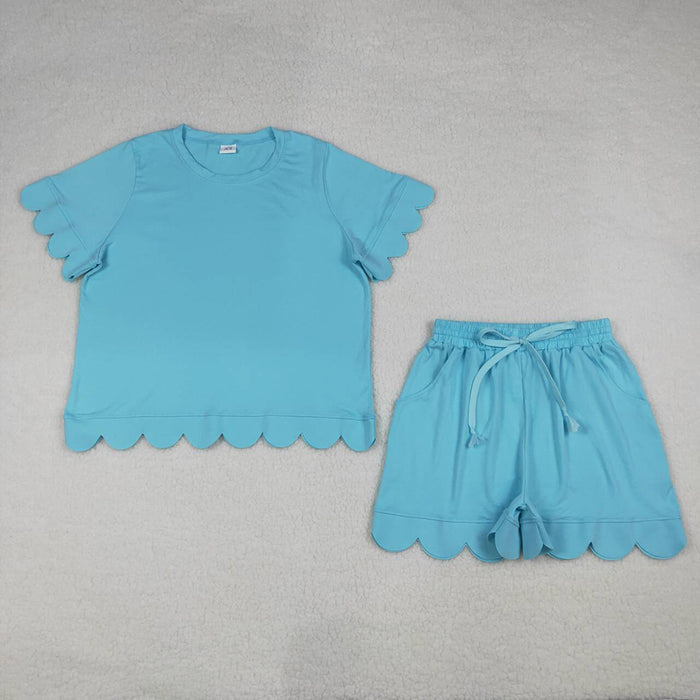 GSSO3208 Blue Cotton Pockets Woman Summer Scallop Clothes Set