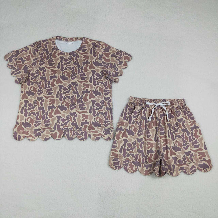 GSSO3233 Women’s Camouflage Scallop Short Sleeve Top & Shorts Set