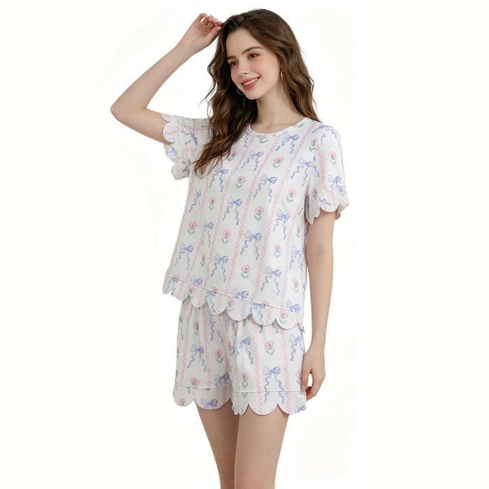 GSSO3233 Women’s Flower Blue Bow Scallop Short Sleeve Top & Shorts Set