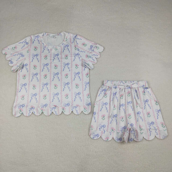 GSSO3233 Women’s Flower Blue Bow Scallop Short Sleeve Top & Shorts Set