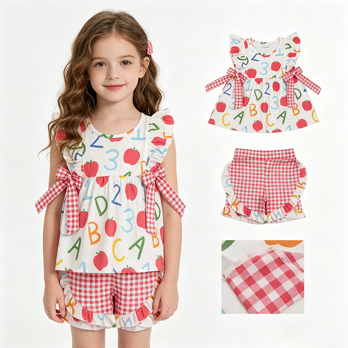 GSSO3258 Apple 123 ABC Tunic Top Plaid Ruffle Shorts Girls Back to School Clothes Set