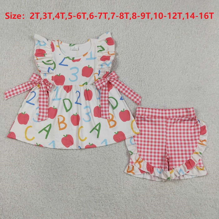 GSSO3258 Apple 123 ABC Tunic Top Plaid Ruffle Shorts Girls Back to School Clothes Set