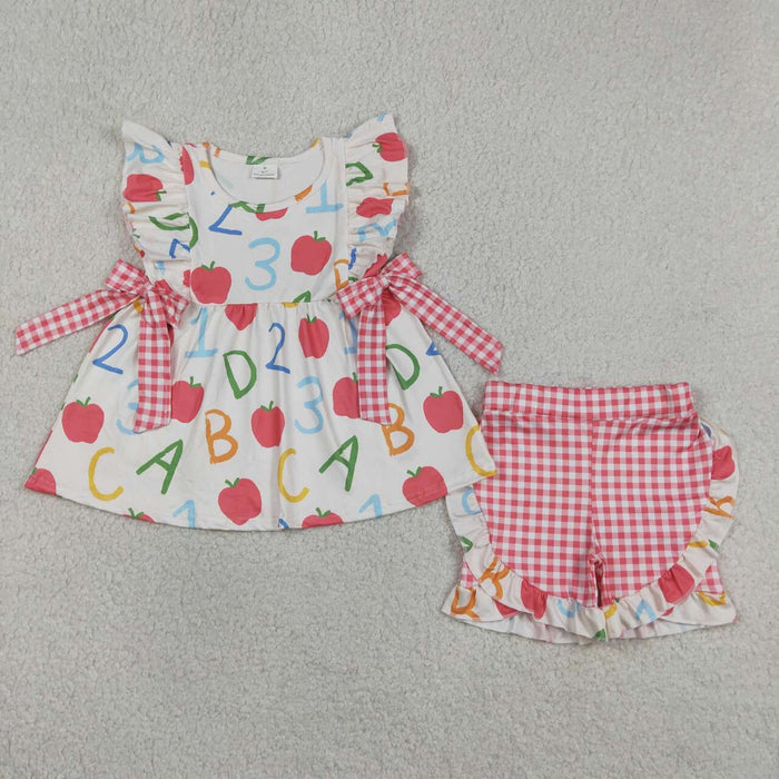 GSSO3258 Apple 123 ABC Tunic Top Plaid Ruffle Shorts Girls Back to School Clothes Set