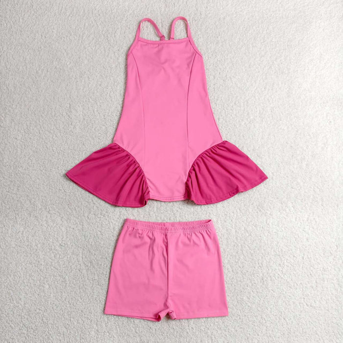 GSSO3259 Baby Girls Hot Pink Strap Dress Top Shorts Yoga Active Clothes Set