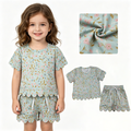 GSSO3266 Small Flowers Print Pockets Shorts Girls Summer Scallop Clothes Set