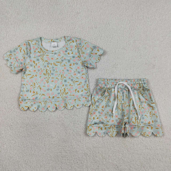GSSO3266 Small Flowers Print Pockets Shorts Girls Summer Scallop Clothes Set