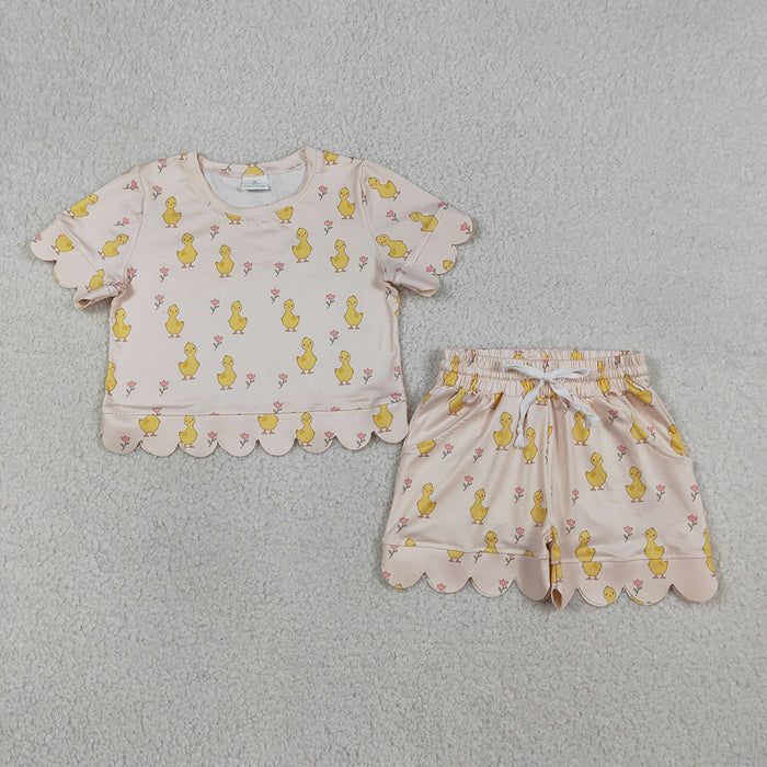 GSSO3281 Duckling Flowers Print Pockets Shorts Girls Summer Scallop Clothes Set