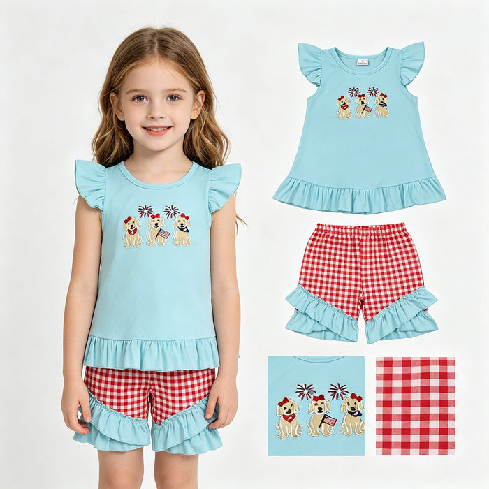 GSSO3356 Puppy Flag Embroidery Blue Top Plaid Shorts Girls 4th of July Clothes Set