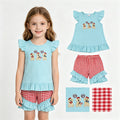 GSSO3356 Puppy Flag Embroidery Blue Top Plaid Shorts Girls 4th of July Clothes Set
