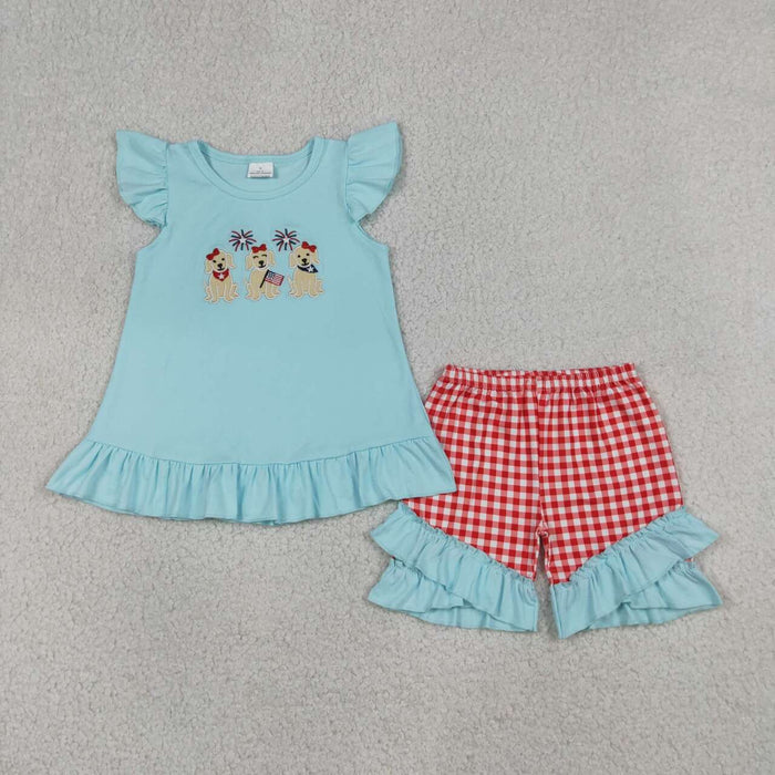 GSSO3356 Puppy Flag Embroidery Blue Top Plaid Shorts Girls 4th of July Clothes Set