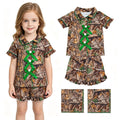 GSSO3365 Branch Camo Print Buttons Bows Top Ruffle Shorts Girls Summer Pajamas Clothes Set