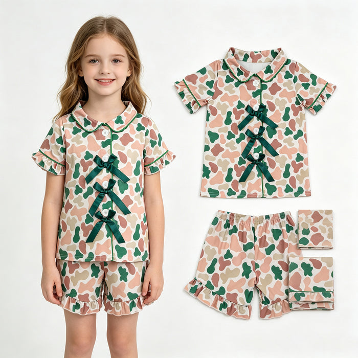 GSSO3367 Pink Green Camo Print Buttons Bows Top Ruffle Shorts Girls Summer Pajamas Clothes Set