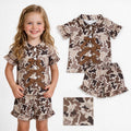 GSSO3368 Brown Camo Print Buttons Bows Top Ruffle Shorts Girls Summer Pajamas Clothes Set