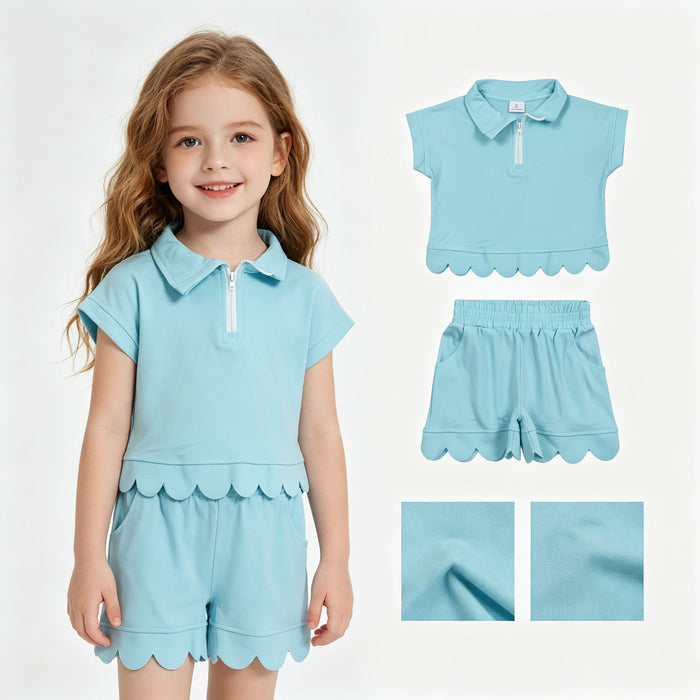 GSSO3376 Blue Cotton Zipper Top Pockets Shorts Girls Summer Scallop Clothes Set