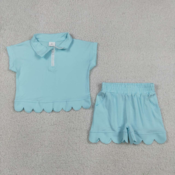GSSO3376 Blue Cotton Zipper Top Pockets Shorts Girls Summer Scallop Clothes Set