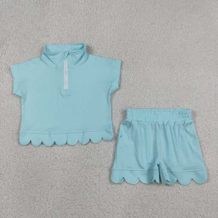GSSO3376 Blue Cotton Zipper Top Pockets Shorts Girls Summer Scallop Clothes Set