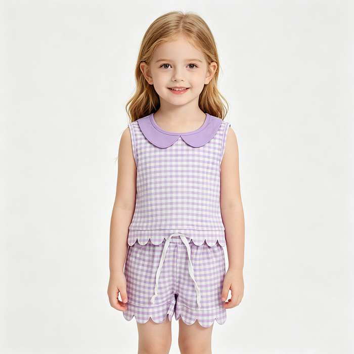 GSSO3396  Purple Plaid Doll Collar Sleeveless Top Shorts Girls Summer Scallop Clothes Set