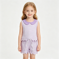 GSSO3396  Purple Plaid Doll Collar Sleeveless Top Shorts Girls Summer Scallop Clothes Set