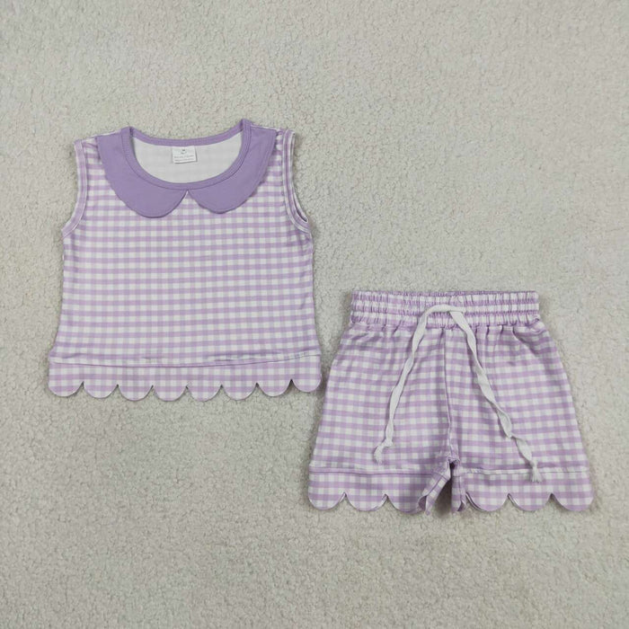 GSSO3396  Purple Plaid Doll Collar Sleeveless Top Shorts Girls Summer Scallop Clothes Set