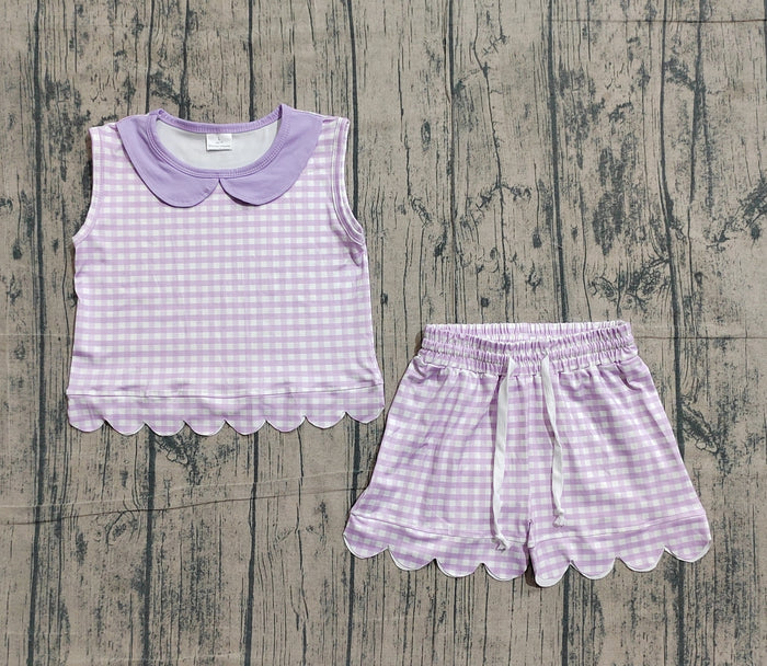 GSSO3396  Purple Plaid Doll Collar Sleeveless Top Shorts Girls Summer Scallop Clothes Set