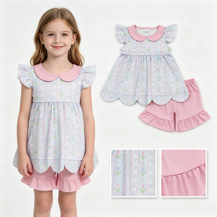 GSSO3490 Flowers Scallop Doll Collar Tunic Top Pink Shorts Girls Summer Clothes Set