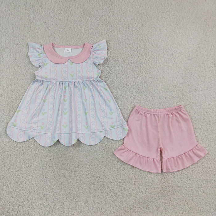 GSSO3490 Flowers Scallop Doll Collar Tunic Top Pink Shorts Girls Summer Clothes Set