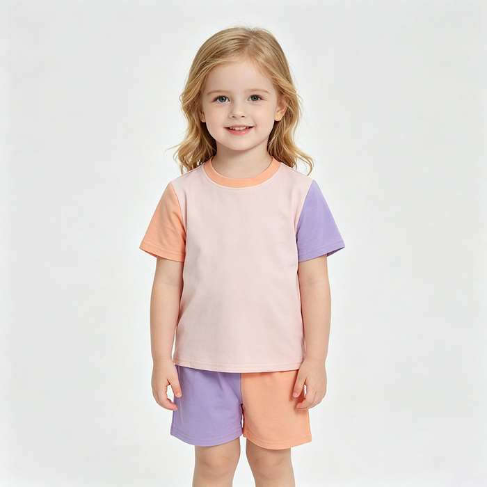 GSSO3504 Pink Purple Patchwork Top Shorts Girls Summer Cotton Clothes Set