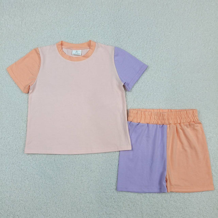 GSSO3504 Pink Purple Patchwork Top Shorts Girls Summer Cotton Clothes Set