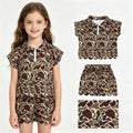 GSSO3569 Dark Brown Camo Zipper Top Pockets Shorts Girls Summer Scallop Clothes Set