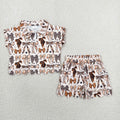 GSSO3696 Toddler Girls Brown Bow Print Two Piece Set, Scalloped Hem Zip Top & Shorts Outfit