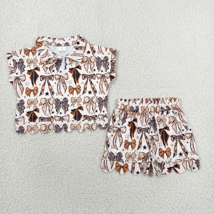 GSSO3696 Toddler Girls Brown Bow Print Two Piece Set, Scalloped Hem Zip Top & Shorts Outfit
